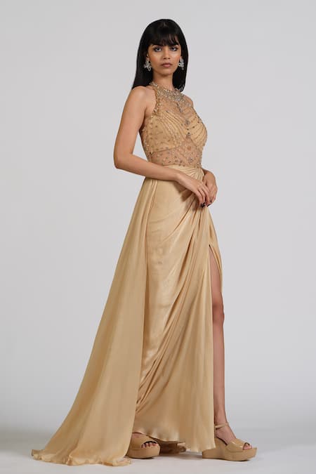 Shop_Astha Batra_Gold Satin, Georgette Stones, Embroidery Halter Embellished Trail Drape Gown _at_Aza_Fashions