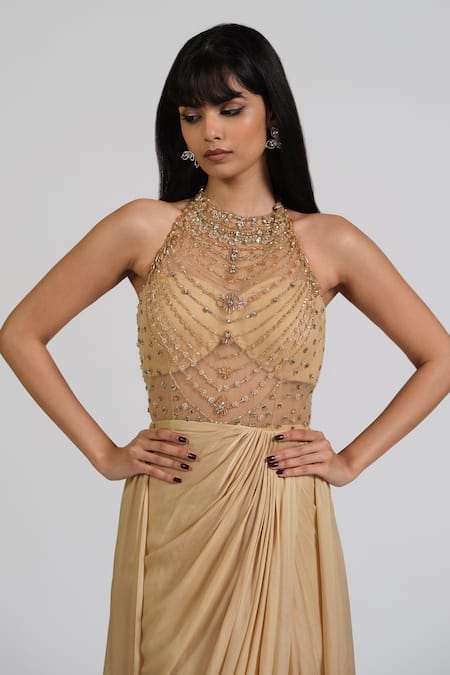 Buy_Astha Batra_Gold Satin, Georgette Stones, Embroidery Halter Embellished Trail Drape Gown _Online_at_Aza_Fashions