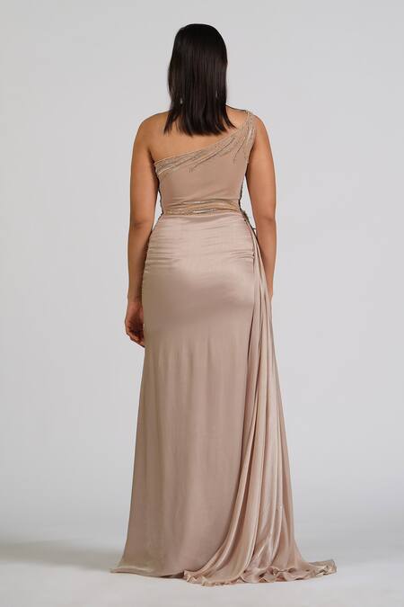 Shop_Astha Batra_Beige Satin, Georgette Sequins, Embroidery Embellished One-shoulder Gown _at_Aza_Fashions