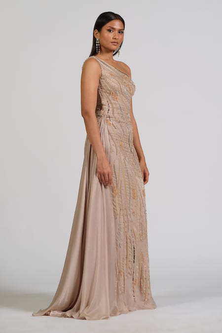 Astha Batra_Beige Satin, Georgette Sequins, Embroidery Embellished One-shoulder Gown _Online_at_Aza_Fashions