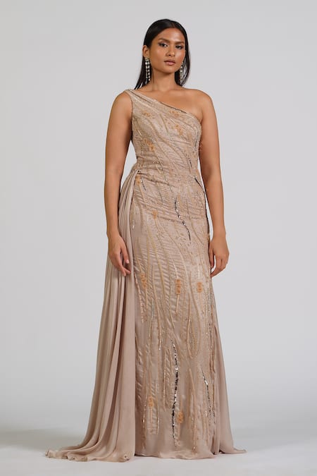 Buy_Astha Batra_Beige Satin, Georgette Sequins, Embroidery Embellished One-shoulder Gown _Online_at_Aza_Fashions