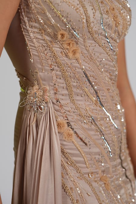 Astha Batra_Beige Satin, Georgette Sequins, Embroidery Embellished One-shoulder Gown _at_Aza_Fashions