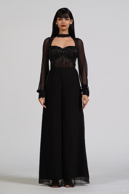 Buy_Astha Batra_Black Chiffon, Net Embroidery Square Neck Yoke Flared Jumpsuit _Online_at_Aza_Fashions