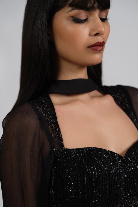 Shop_Astha Batra_Black Chiffon, Net Embroidery Square Neck Yoke Flared Jumpsuit _Online_at_Aza_Fashions