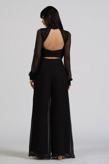 Shop_Astha Batra_Black Chiffon, Net Embroidery Square Neck Yoke Flared Jumpsuit _at_Aza_Fashions