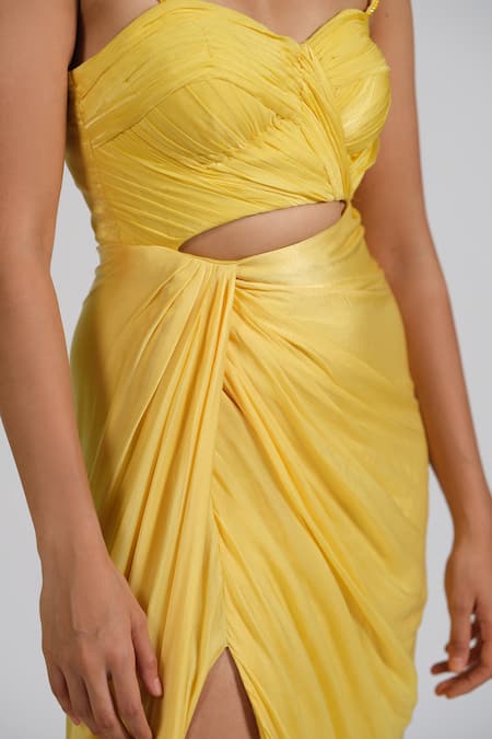Astha Batra_Yellow Satin, Georgette Embroidery Sweetheart Neck Drape Front Cut Out Gown _Online_at_Aza_Fashions