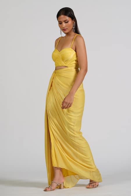 Buy_Astha Batra_Yellow Satin, Georgette Embroidery Sweetheart Neck Drape Front Cut Out Gown _Online_at_Aza_Fashions