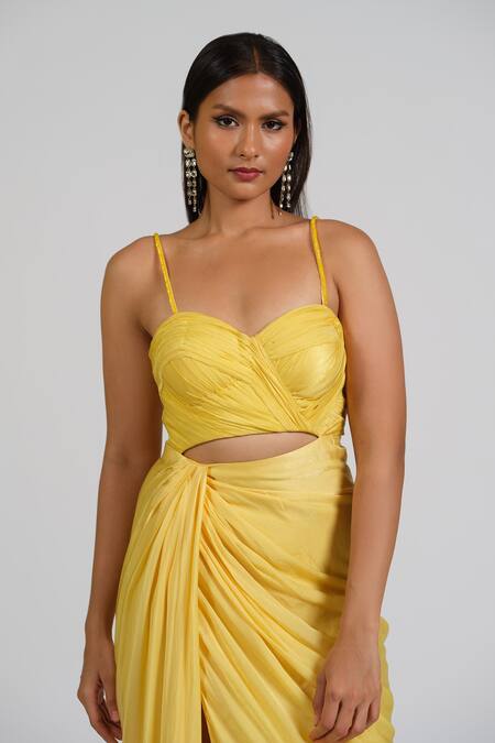 Shop_Astha Batra_Yellow Satin, Georgette Embroidery Sweetheart Neck Drape Front Cut Out Gown _Online_at_Aza_Fashions