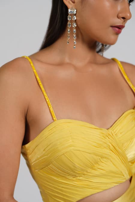 Astha Batra_Yellow Satin, Georgette Embroidery Sweetheart Neck Drape Front Cut Out Gown _at_Aza_Fashions
