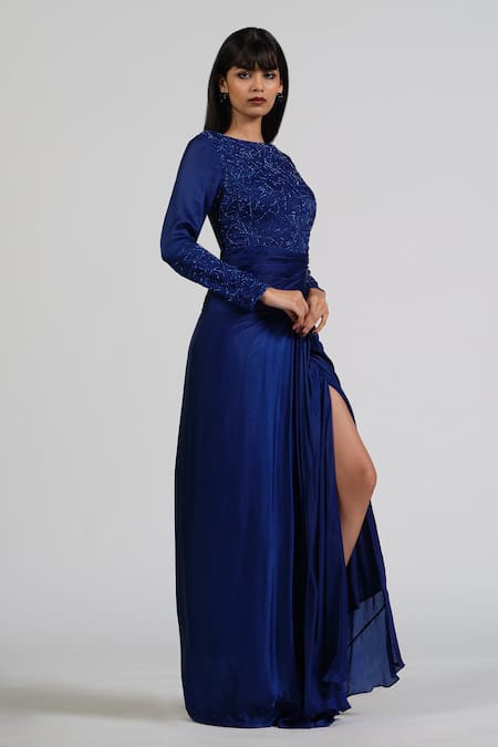Astha Batra_Blue Satin, Georgette Embroidery Round Neck Flush Draped Gown _Online_at_Aza_Fashions