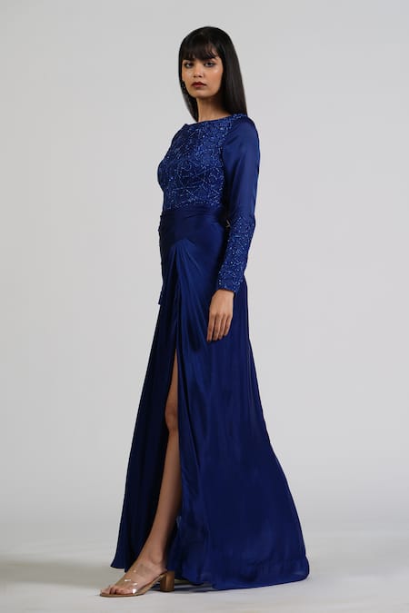 Buy_Astha Batra_Blue Satin, Georgette Embroidery Round Neck Flush Draped Gown _Online_at_Aza_Fashions
