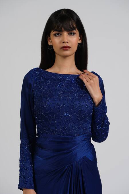 Shop_Astha Batra_Blue Satin, Georgette Embroidery Round Neck Flush Draped Gown _Online_at_Aza_Fashions