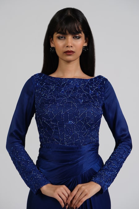 Astha Batra_Blue Satin, Georgette Embroidery Round Neck Flush Draped Gown _at_Aza_Fashions