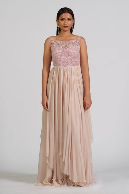 Astha Batra_Pink Georgette Embroidery Boat Neck Flared Gown _Online_at_Aza_Fashions