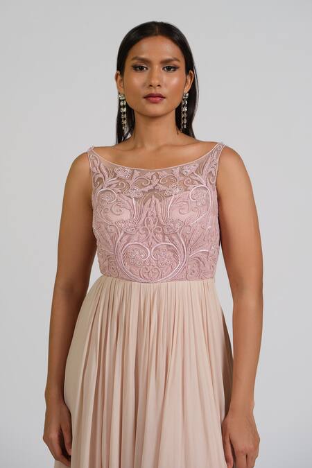 Buy_Astha Batra_Pink Georgette Embroidery Boat Neck Flared Gown _Online_at_Aza_Fashions