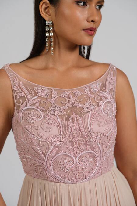 Shop_Astha Batra_Pink Georgette Embroidery Boat Neck Flared Gown _Online_at_Aza_Fashions