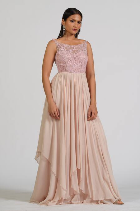 Astha Batra_Pink Georgette Embroidery Boat Neck Flared Gown _at_Aza_Fashions