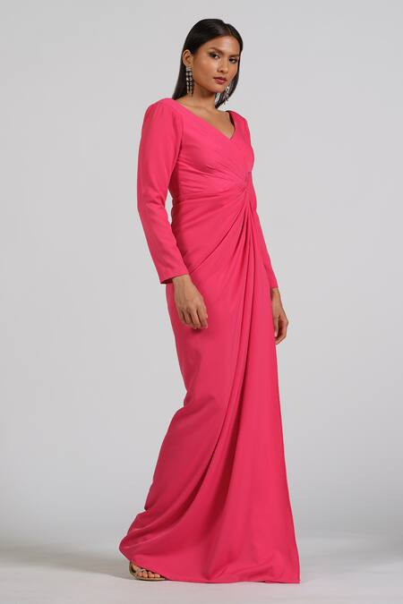 Astha Batra_Fuchsia Crepe V-neck Structured Shoulder Drape Gown _Online_at_Aza_Fashions
