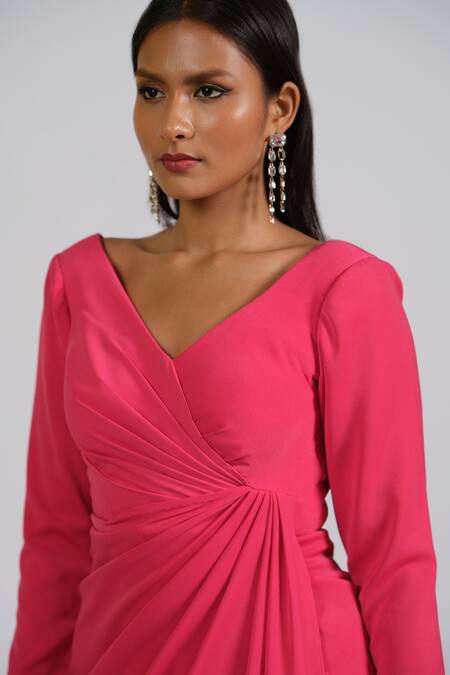 Shop_Astha Batra_Fuchsia Crepe V-neck Structured Shoulder Drape Gown _Online_at_Aza_Fashions