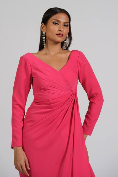 Astha Batra_Fuchsia Crepe V-neck Structured Shoulder Drape Gown _at_Aza_Fashions