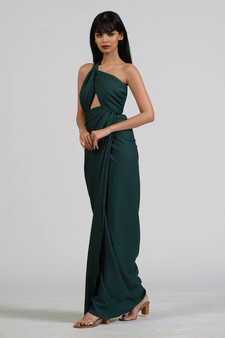 Astha Batra Green Crepe Embroidery Asymmetric Voila Drape Gown Online at Aza Fashions Astha Batra_Green Crepe Embroidery Asymmetric Voila Drape Gown_Online_at_Aza_Fashions