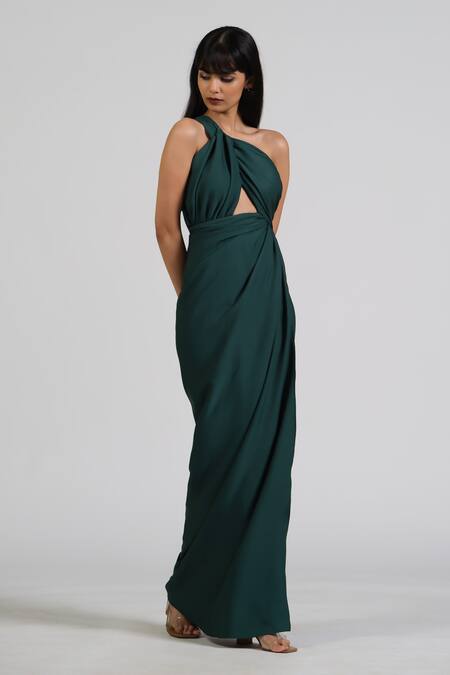 Shop Astha Batra Green Crepe Embroidery Asymmetric Voila Drape Gown at Aza Fashions Shop_Astha Batra_Green Crepe Embroidery Asymmetric Voila Drape Gown_at_Aza_Fashions