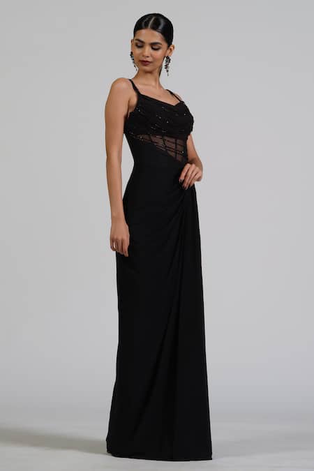Astha Batra_Black Lycra Crystals Sweetheart Neck Marquise Corset Drape Gown _Online_at_Aza_Fashions