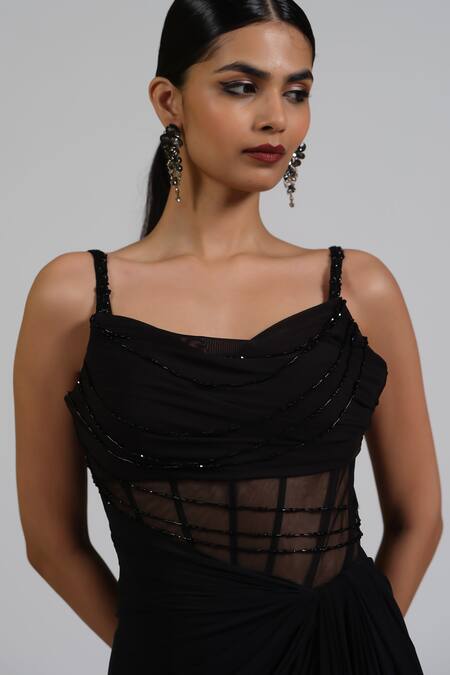 Buy_Astha Batra_Black Lycra Crystals Sweetheart Neck Marquise Corset Drape Gown _Online_at_Aza_Fashions