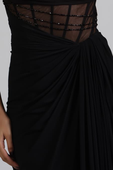 Shop_Astha Batra_Black Lycra Crystals Sweetheart Neck Marquise Corset Drape Gown _Online_at_Aza_Fashions