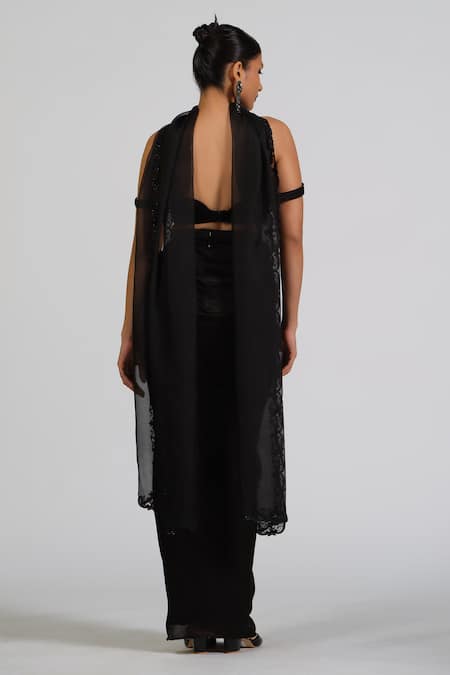 Astha Batra Black Embellished Drape Top & Skirt Set 