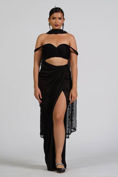 Astha Batra_Black Embroidery Off-shoulder Embellished Drape Top And Skirt Set _Online_at_Aza_Fashions