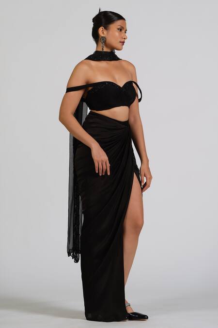 Buy_Astha Batra_Black Embroidery Off-shoulder Embellished Drape Top And Skirt Set _Online_at_Aza_Fashions