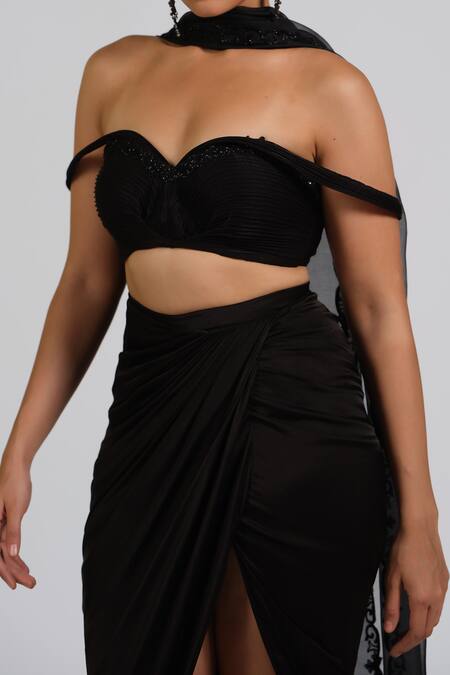 Shop_Astha Batra_Black Embroidery Off-shoulder Embellished Drape Top And Skirt Set _Online_at_Aza_Fashions
