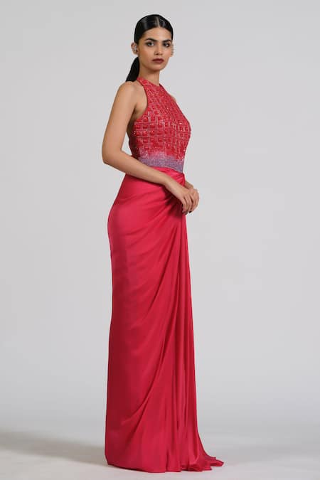 Astha Batra Ombre Embroidered Red Drape Gown 