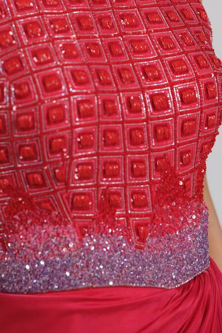 Astha Batra_Red Satin, Georgette Embroidery Halter Neck Ombre Drape Gown _Online_at_Aza_Fashions