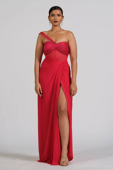 Astha Batra_Red Satin, Georgette Embroidery Sweetheart Neck Corset Draped Gown _Online_at_Aza_Fashions