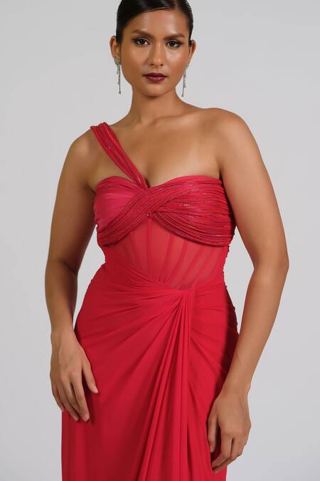 Buy_Astha Batra_Red Satin, Georgette Embroidery Sweetheart Neck Corset Draped Gown _Online_at_Aza_Fashions