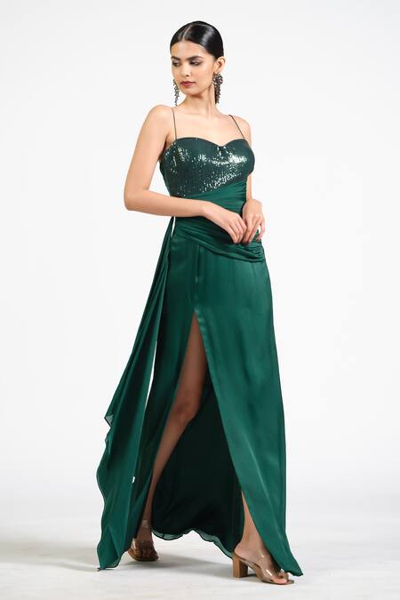 Astha Batra_Green Satin, Georgette Sequins Sweetheart Neck Celeste Drape Gown _Online_at_Aza_Fashions