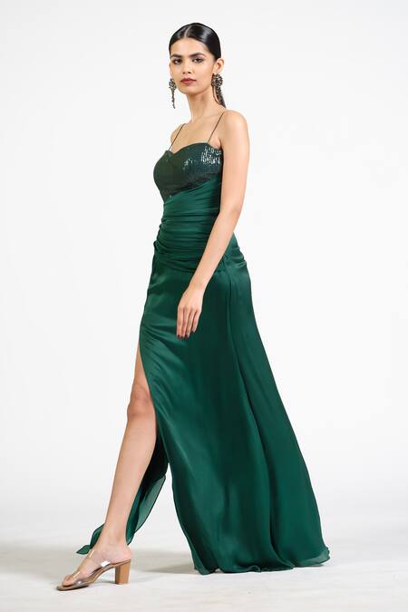 Buy_Astha Batra_Green Satin, Georgette Sequins Sweetheart Neck Celeste Drape Gown _Online_at_Aza_Fashions