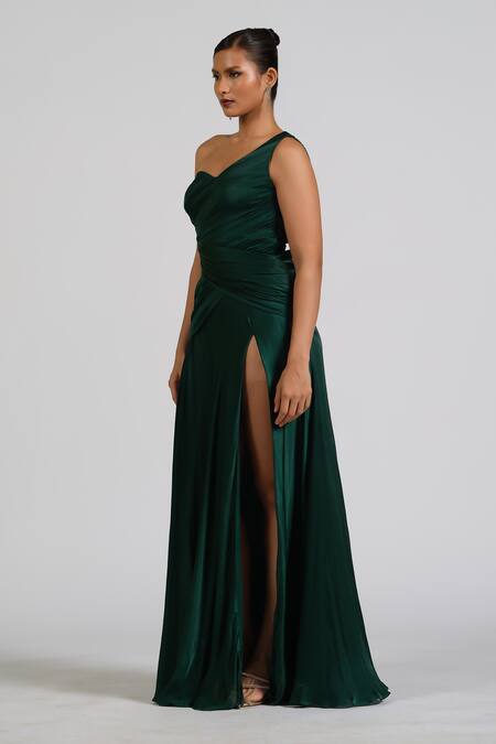 Buy_Astha Batra_Green Satin, Georgette Embroidery One Shoulder Drape Gown _Online_at_Aza_Fashions