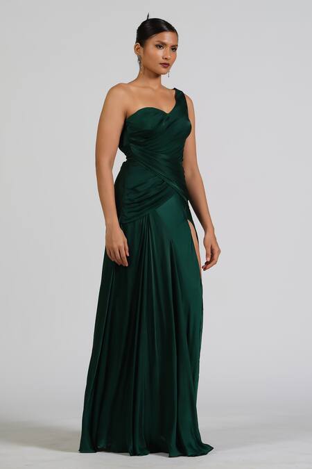 Shop_Astha Batra_Green Satin, Georgette Embroidery One Shoulder Drape Gown _Online_at_Aza_Fashions
