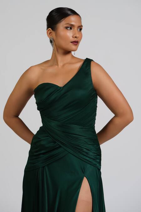 Astha Batra_Green Satin, Georgette Embroidery One Shoulder Drape Gown _at_Aza_Fashions
