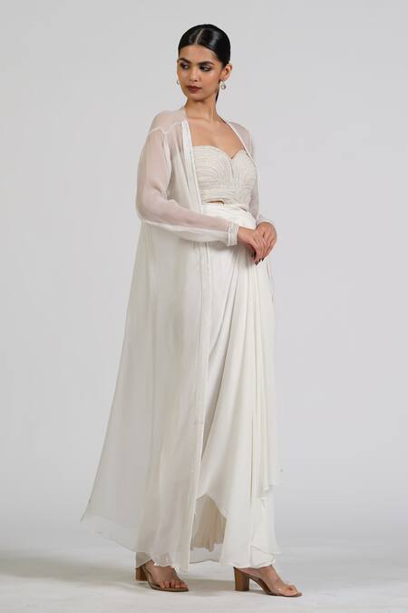 Astha Batra_White Georgette Embroidery Sweetheart Neck Luxe Drape Skirt And Bustier Set _Online_at_Aza_Fashions