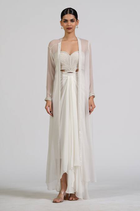 Shop_Astha Batra_White Georgette Embroidery Sweetheart Neck Luxe Drape Skirt And Bustier Set _at_Aza_Fashions