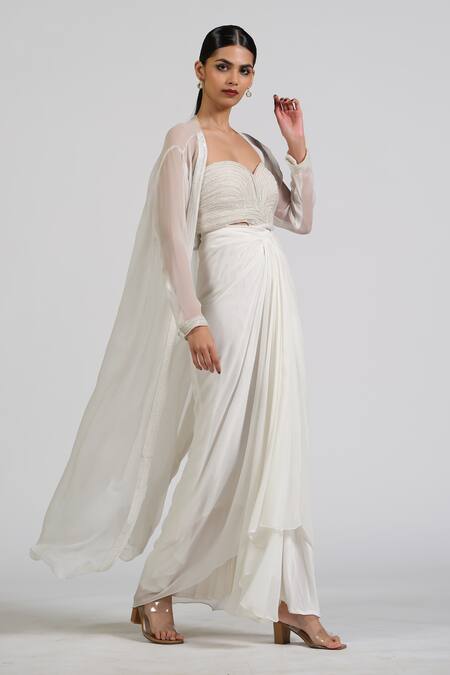 Buy_Astha Batra_White Georgette Embroidery Sweetheart Neck Luxe Drape Skirt And Bustier Set _Online_at_Aza_Fashions
