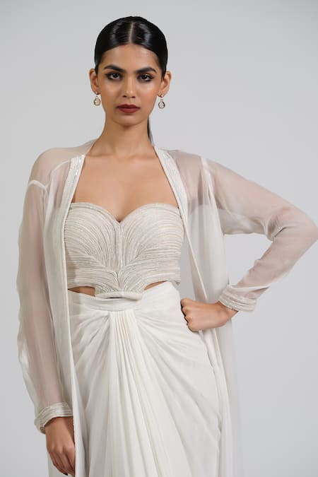 Shop_Astha Batra_White Georgette Embroidery Sweetheart Neck Luxe Drape Skirt And Bustier Set _Online_at_Aza_Fashions