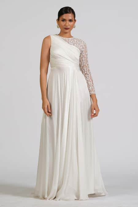 Astha Batra_White Satin, Georgette Embroidery Asymmetric Draped Gown _Online_at_Aza_Fashions