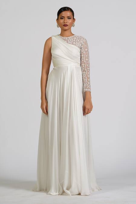 Shop_Astha Batra_White Satin, Georgette Embroidery Asymmetric Draped Gown _at_Aza_Fashions