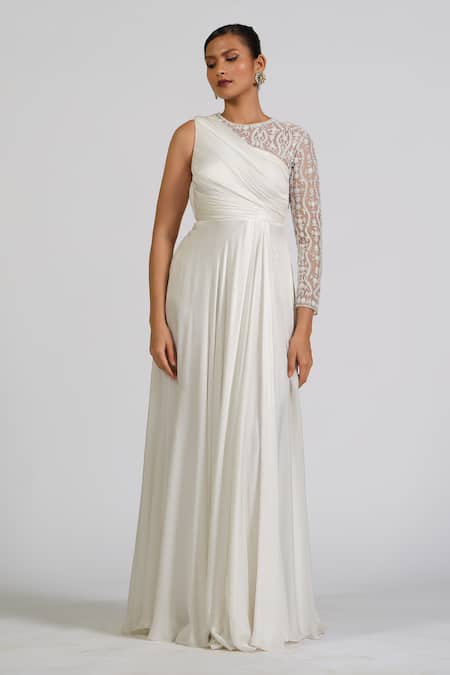 Buy_Astha Batra_White Satin, Georgette Embroidery Asymmetric Draped Gown _Online_at_Aza_Fashions