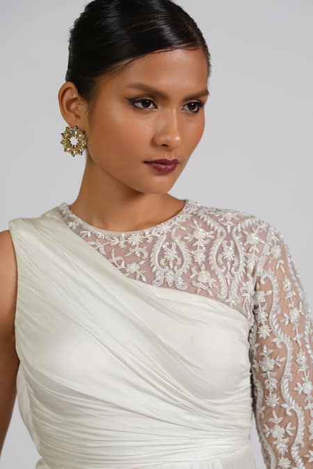 Shop_Astha Batra_White Satin, Georgette Embroidery Asymmetric Draped Gown _Online_at_Aza_Fashions